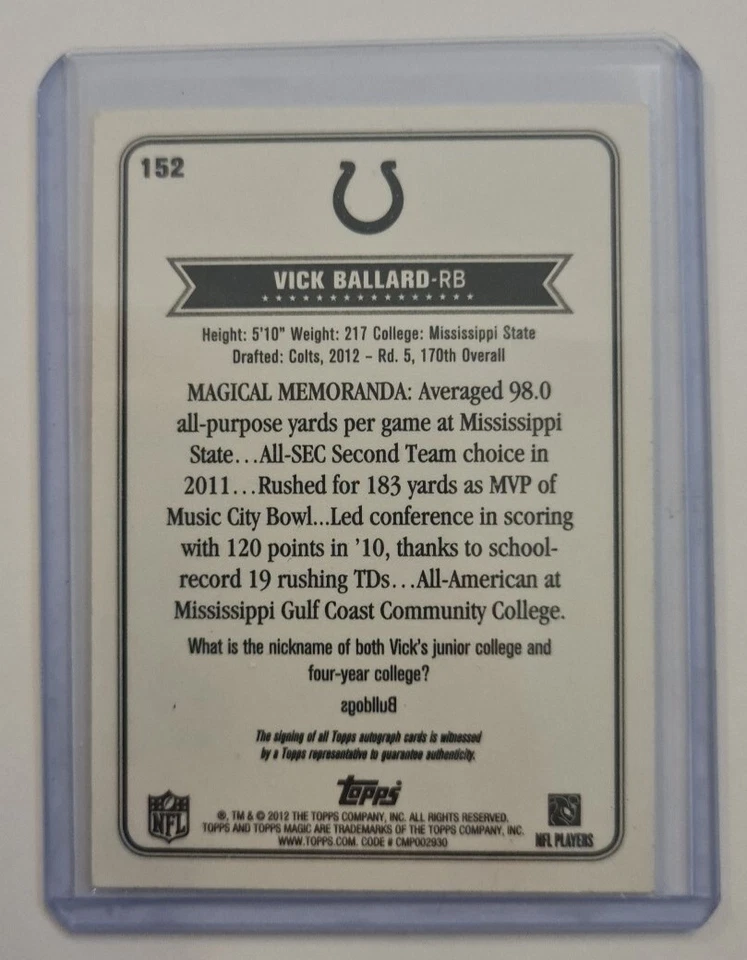 2012 Topps Magic Vick Ballard Indianapolis Colts Auto Autographs rc rookie - Image 2 of 2