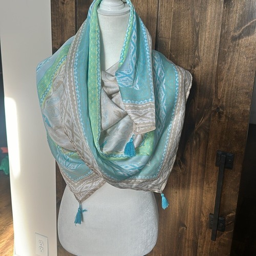 Chicos Blue, Green, and Tan Paisley Abstract Print Scarf NWT