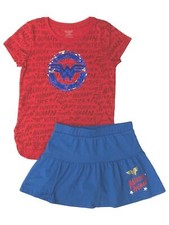 DC Comics Girls Red Sequin Wonder Woman Outfit Tee  Skort Skirt Set