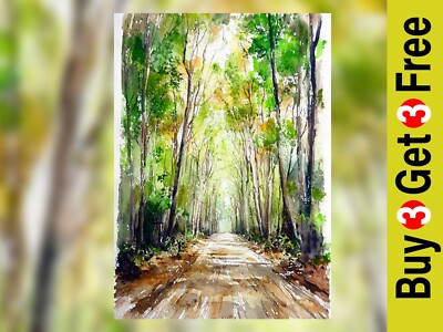 Sonnenscheingrün Baldachin 5''x7'' Druck auf mattem Papier | Gelassene Natur Spaziergang Malerei