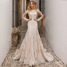 Boho Mermaid Wedding Dresses Boat Neck Long Sleeved Lace Appliques Bridal Gowns