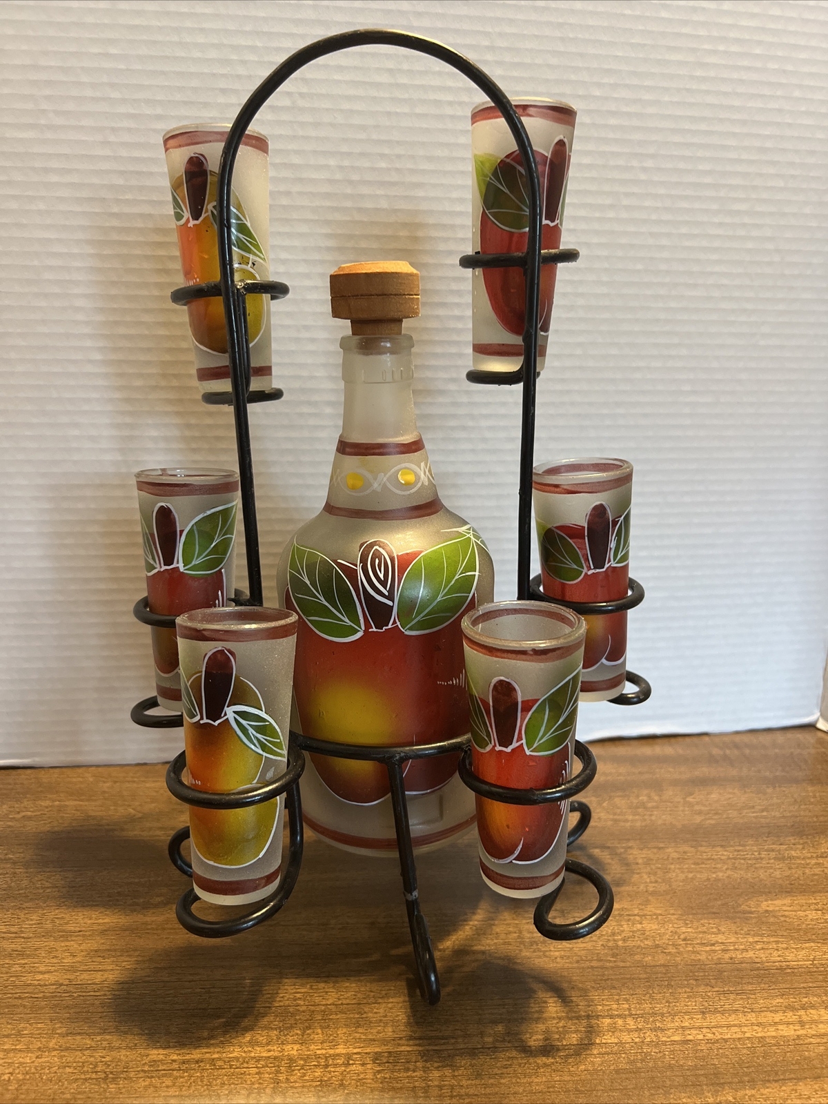 Vintage Mexican Hand Painted Liquor/Tequila Decanter With Shot Glasses And Rack
