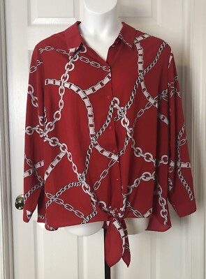 Susan Graver Red Chain Print Top Womens 22W Lightweight Button Front Tie Bottom