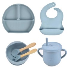 6-teiliges Silikon Baby Entwöhnung Fütterungsset Saugplatte + Schüssel + Lätzchen + Löffel + Gabel + Tasse