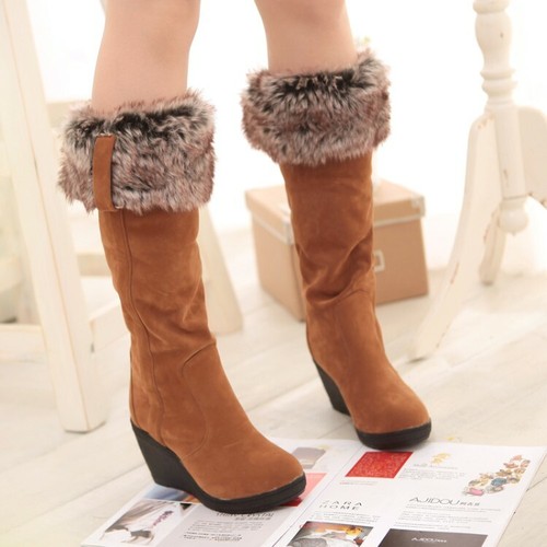 Knee High Boots Wedge Heel Round Toe 