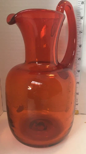 Blenko Art Glass Amberina Mid Century Modern Tall Pitcher Red Orange 9"