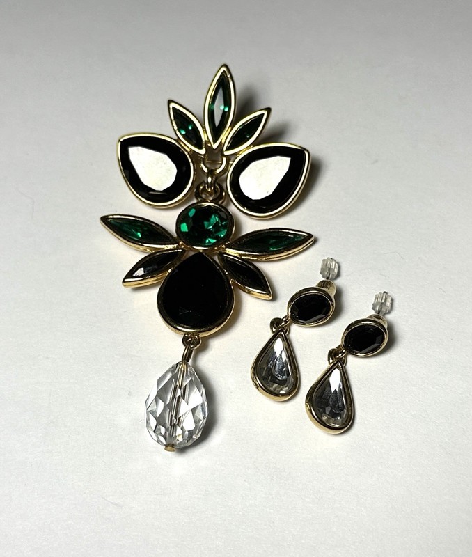 Monet Pin-Pendant & Earrings; Black, Green & Clear Rhinestones, 1980s