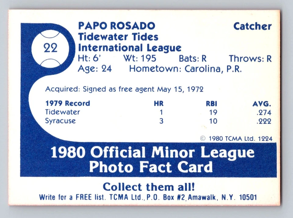 1980 TCMA Minor League #22 aPapo Rosado Tidewater Tides - RC - NM - Image 2 of 2