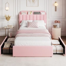 Pink Twin Size Bed Frame Upholstered Platform Bed with Headboard & 2 Drawers