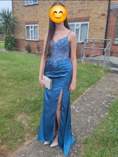 Azazie Metallic Blue floral corset style bodice Prom dress with a slit and train