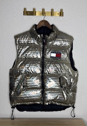 VTG 90s Tommy Hilfiger Reversible Puffer Vest XL Silver Foil Metallic Black Y2K