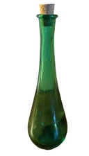 Vintage Green Glass Bottle With Cork Stopper 7.5” Tall Marked