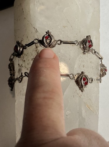 Sterling Silber Gliederarmband Apfel Obst * Gliederarmband * rotes Glas 7,5" - Bild 2 von 9