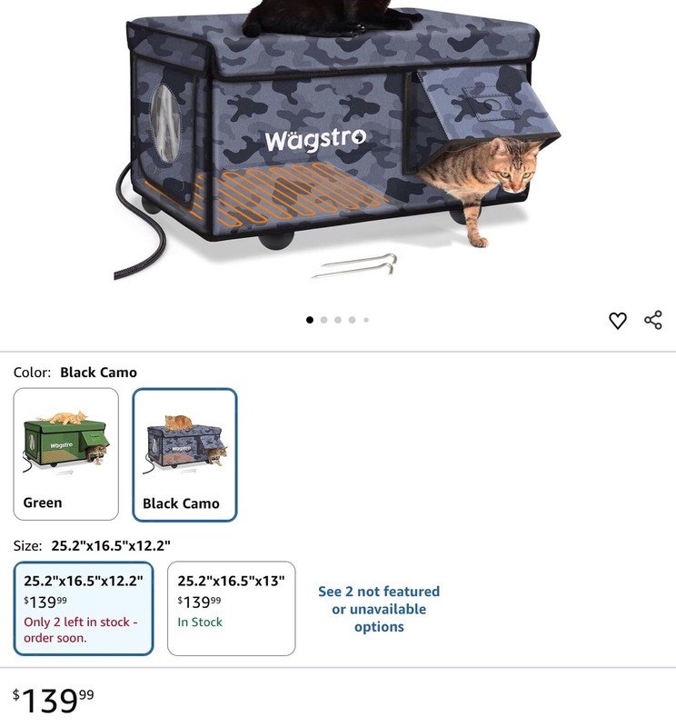 Wagstro Heated Waterproof Indoor/Outdoor Cat House w/ Escape Door, Black Camo
