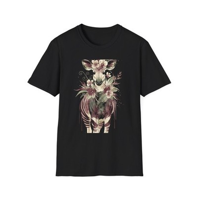 Okapi Floral Watercolor Boho Black T-Shirt Nature Aesthetic Print Tee