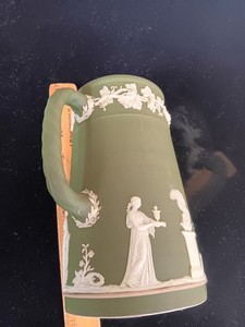Antique 19th C. Wedgwood Jasperware Dark Olive Green 6.25" Trojan Milk Pitcher