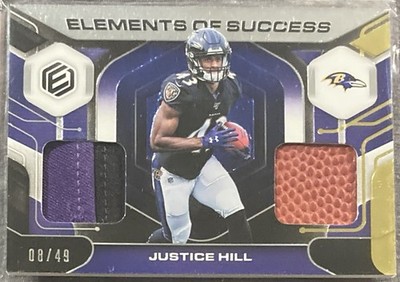 Justice Hill 2019 Elements of Success 2-Color Dual Patch Relic Rookie /49 Ravens