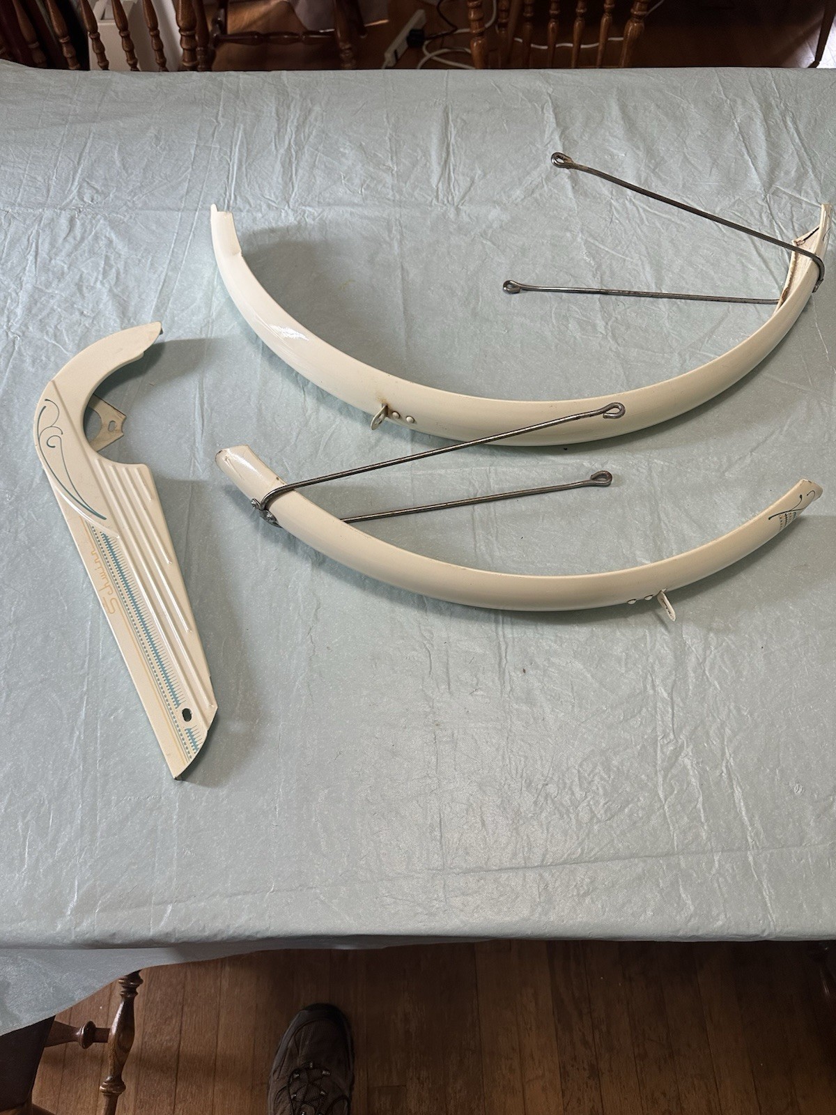 VINTAGE SCHWINN BEACH CRUISER BICYCLE FENDERS & CHAIN GUARD OFF WHITE / TEAL USA (49.95 USD)