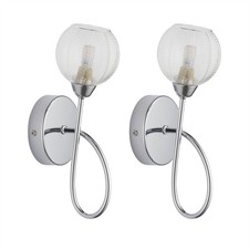 Set of 2 Modern  Chrome Wall Lights Sconce Lamp with Ribbed Glass Shades