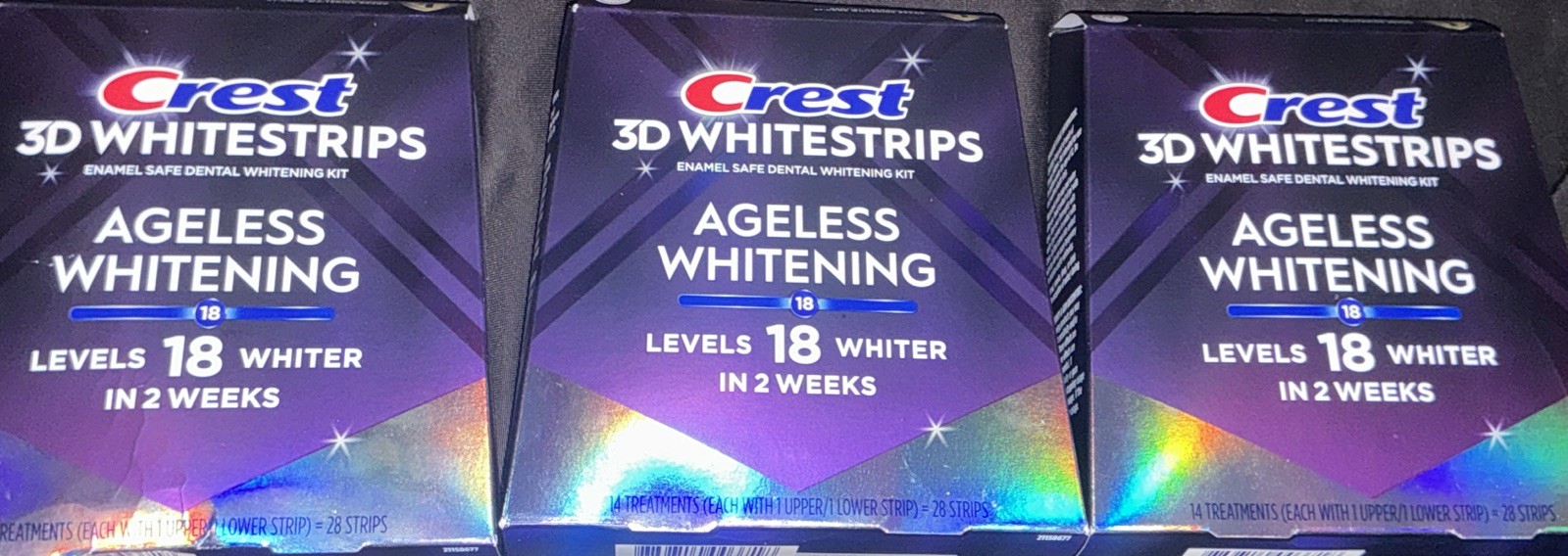 (LOT OF 3X) Crest 3D Whitestrips Ageless Whitening 18 Levels Whiter 28 Strips
