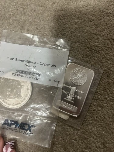 APMEX 1 oz Silver Dogecoin Round & 1 oz Walking Liberty Bar, .999 Fine