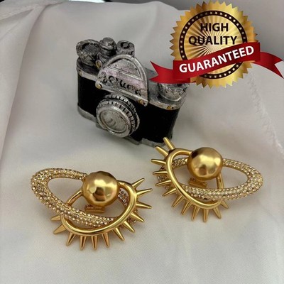  AUTHENTIC Super High Quality Schiaparelli Planet Rhinestone Gold Earrings Gift
