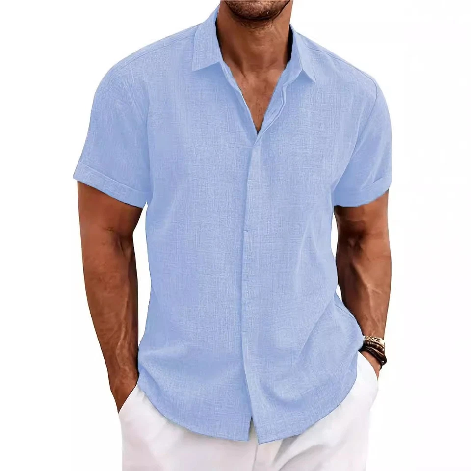 Camisas de lino con botones para hombre - Ropa de playa informal de verano de manga larga Foto 3 de 4