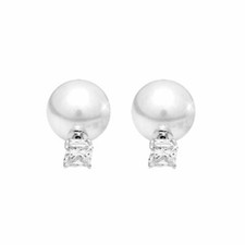 classic simulated white pearl and tiny diamond stud style crystal stud earrings