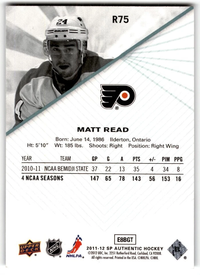 Matt Read 2011-12 SP Authentic Extended Rookie #R75 Philadelphia Flyers - Image 2 of 2