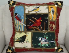Song birds Christmas or year round, BIG pillow handmade wool felt New World Arts