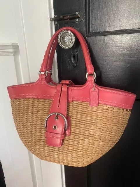Coach straw bag store with leather trim