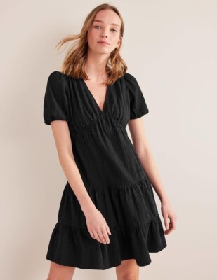 boden jersey seersucker dress BODEN Black Jersey Knit Seersucker V-Neck Tiered Textured LBD Dress 2 R =  XS 6UK