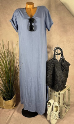 neu basic Maxi KLEID langes Jersey Tunika Italy Schlitze BLAU 38 40 42 44