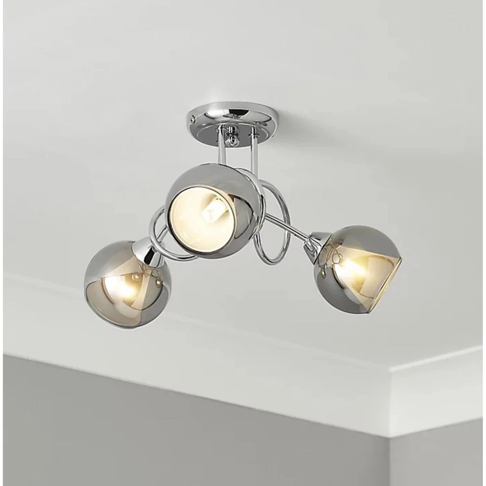 Ceiling Light 3 Way Chrome Smoked Glass Shades Effect Modern Indoor Multi Arm
