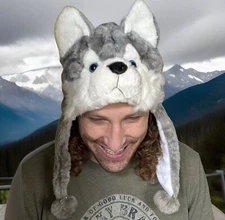 Fluffy Plush Wolf Husky Hood Ear Flap Tie Face Costume Hat Cap Winter Warm Cute