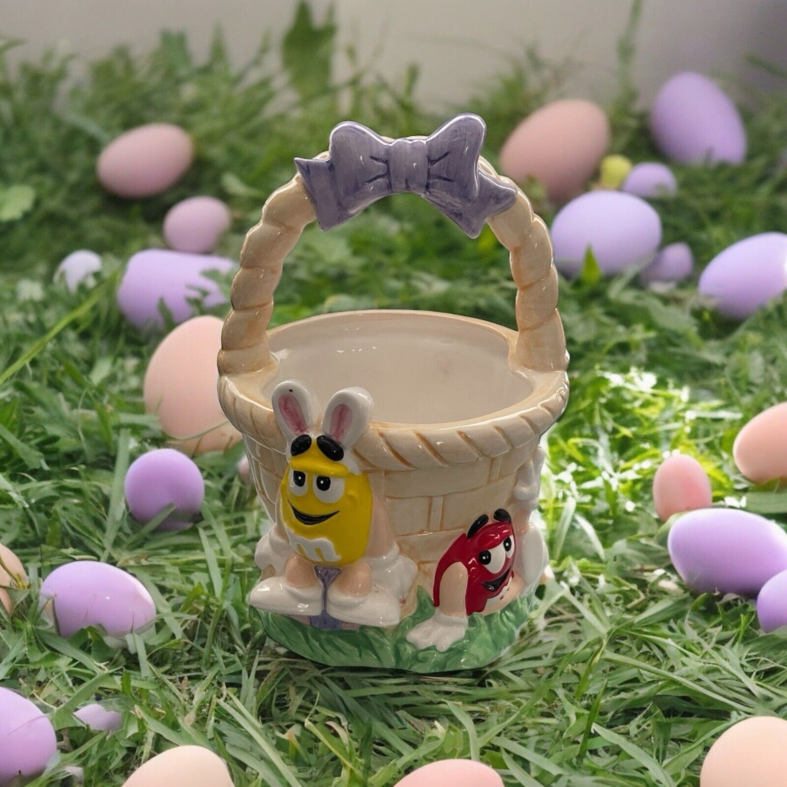 M&M's Mars Red Yellow Ceramic Easter Bunny Egg Basket Flower Pot