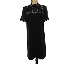 NWT Tahari Womens sz 8 Dress Shift Black Rhinestone Sheer Neck Short Sleeve