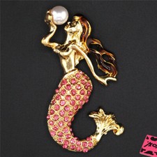 Hot Fashion Women Pink Enamel Cute Mermaid Pearl Crystal Charm Lady Brooch Pin