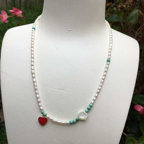 Mini High luster freshwater Pearl Turquoise silver heart Shell flower necklace - Picture 8 of 12
