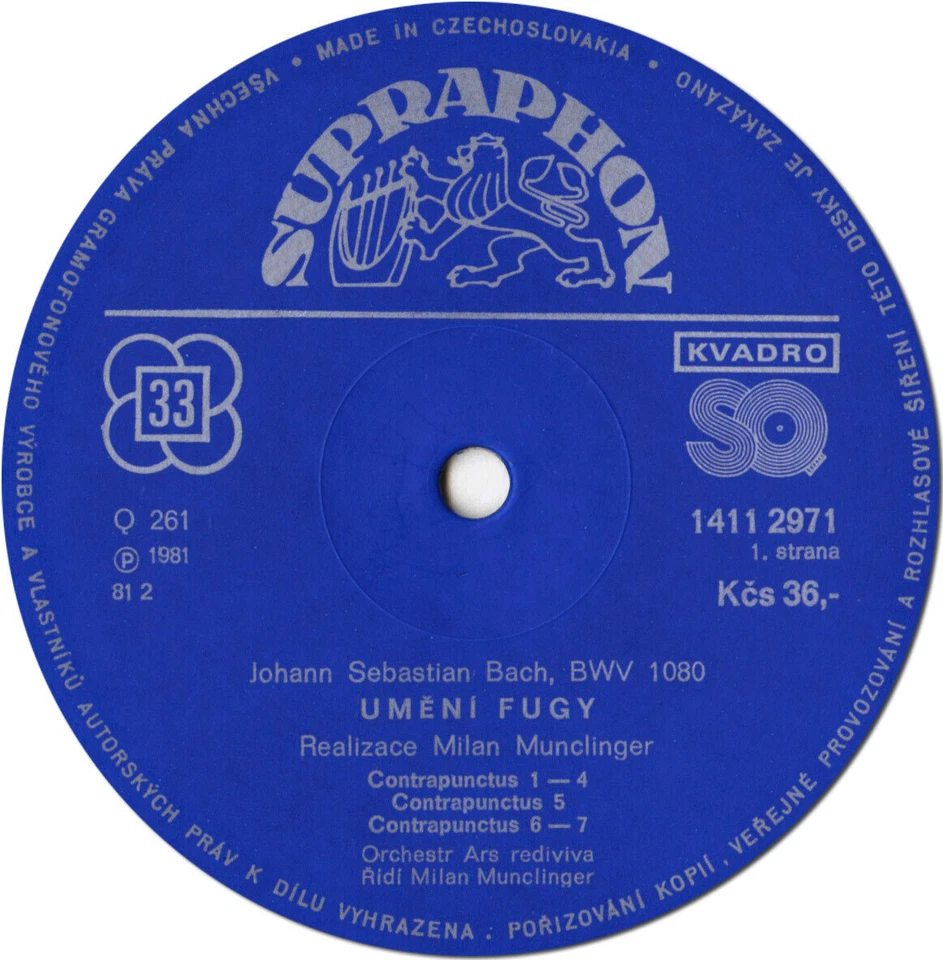 BACH Die Kunst der Fuge MUNCLINGER ARS REDIVIVA Supraphon 14112971 2LP Gatefold - Image 3 of 3