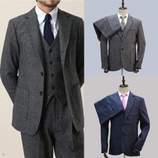 Men's Gray Suit Herringbone Wool Blend Single Breasted Jacket Business Blazer