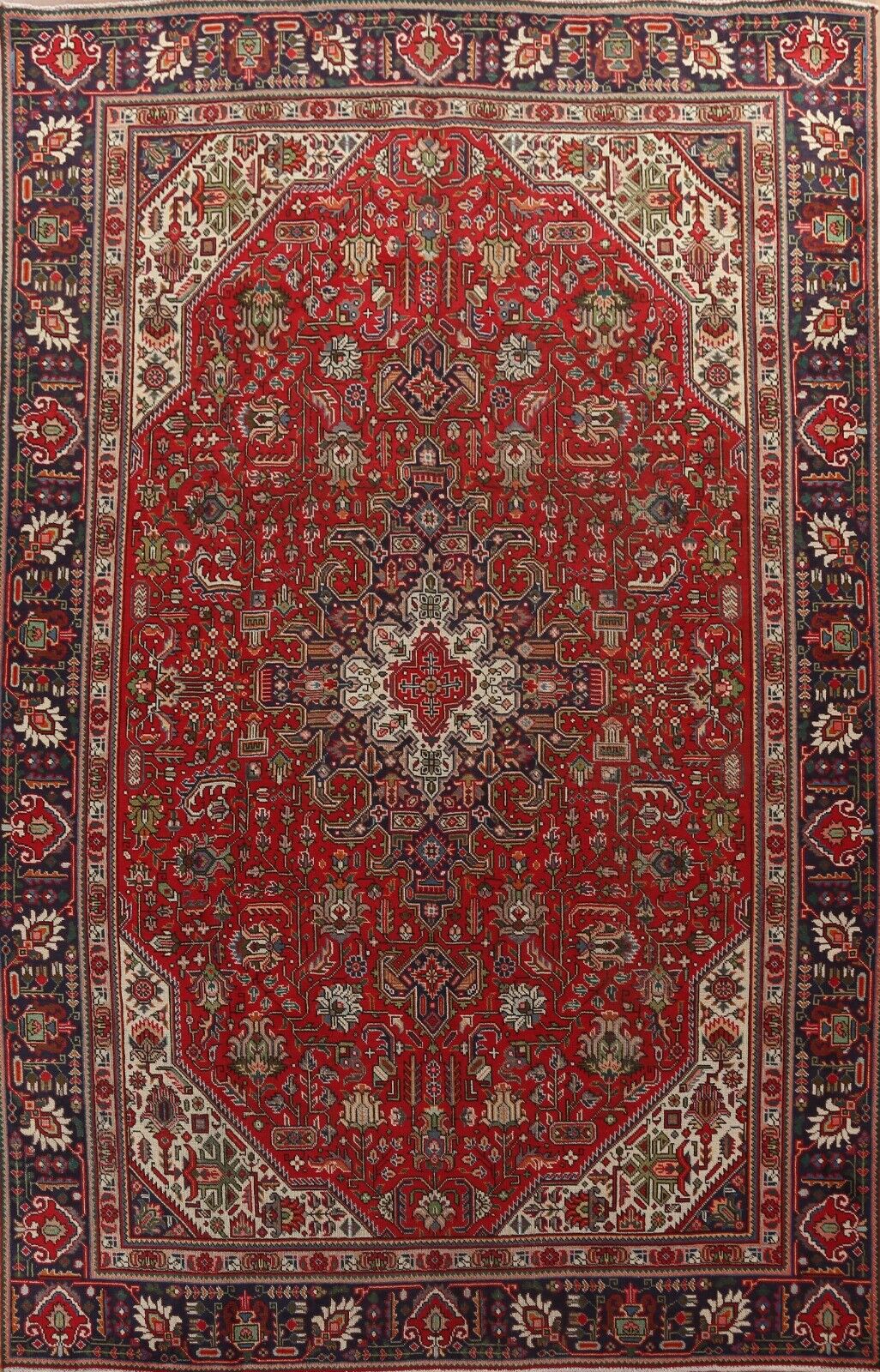 Vintage Red/ Navy Blue Tebriz Handmade 9'x12' Area Rug Geometric Oriental Carpet