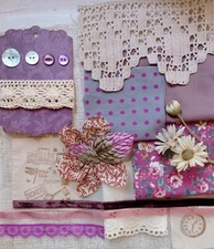 VINTAGE FABRIC SLOW STITCH JUNK JOURNAL KIT LACE PURPLE VIOLET  SEWING CRAFTING