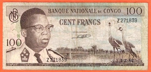 A8 - DR Congo 100 Francs 1962 Very Fine Banknote P. 6 Belgian Congo SN: Z-271839