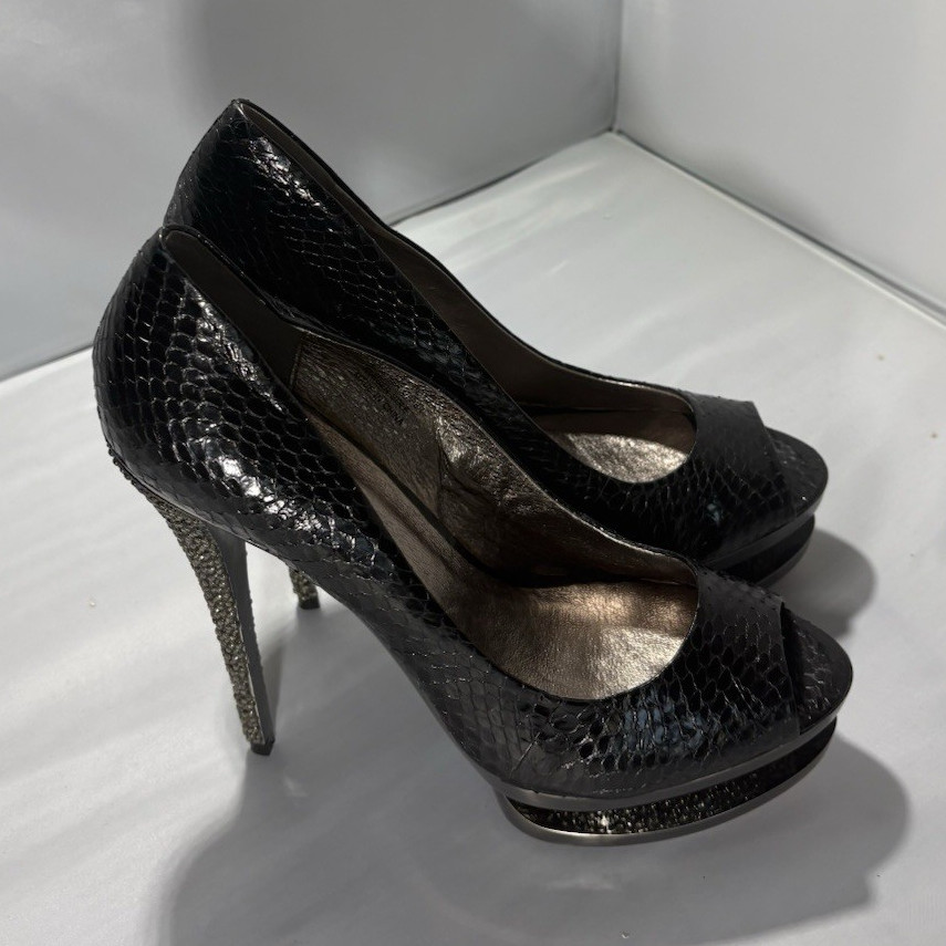 ZiGiny Black Leather Peep Toe Stiletto Slip-On Heels Womens 10