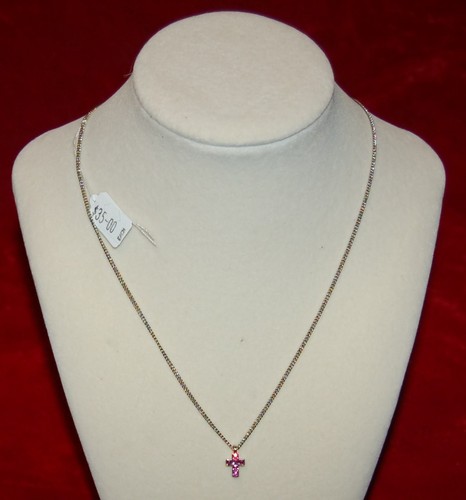 VINTAGE JEWELRY Necklace Pink Crystals Cross Pendant On Chain - Picture 2 of 4