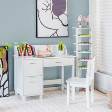 Kids Wooden Writing Desk  Chair Set w/ Pull-out Drawer  2 Deep Cabinets White