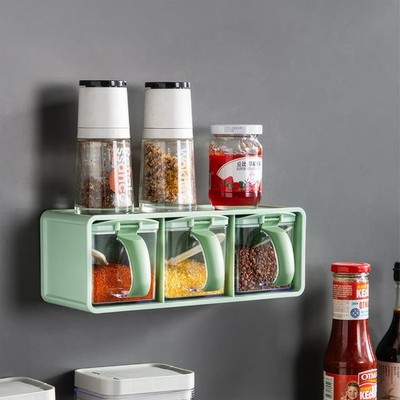 3 Grid Green Seasoning Box Wall Spice Rack Salt Sugar Container Jar Tray
