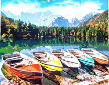 Completed 16x20 Large Paint By Numbers Acrylic Painting "Boats On Lake" W/Easel