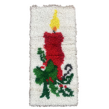 VTG Christmas Latch Hook Wall Hanging Rug Candle Holly Red Green 26" x 12" Decor